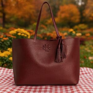 NEW Tory Burch Mcgraw Port/Imperial Garnet Burgundy Leather Large Tote Bag